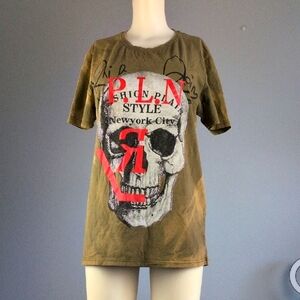 Phillip Plein Olive Graphic T-Shirt with Skull Design